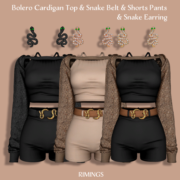 Alpha [RIMINGS] Bolero Cardigan Top Snake Belt Earring by simsfinds - The Sims 4 Custom Content