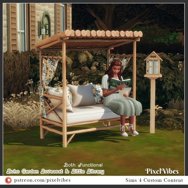 Alpha Boho Garden Loveseat The Little Library by pixelvibes - The Sims 4 Custom Content