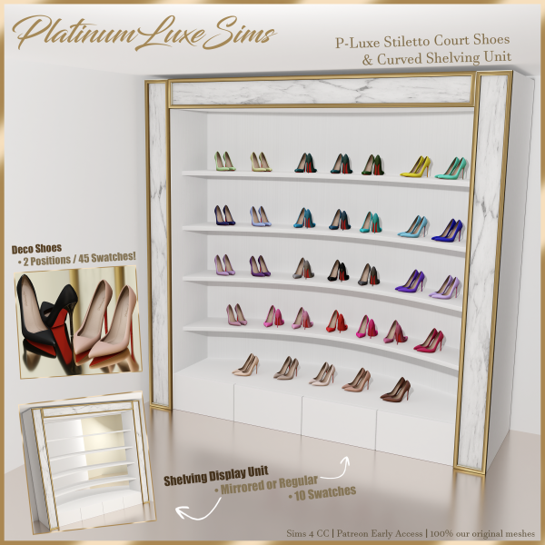 Alpha P Luxe SC Deco Shoes Curved Shelving Unit by simsfinds - The Sims 4 Custom Content