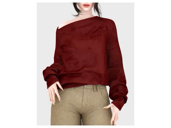 Alpha Off Shoulder Destroyed Sweater by backtrackcc - The Sims 4 Custom Content