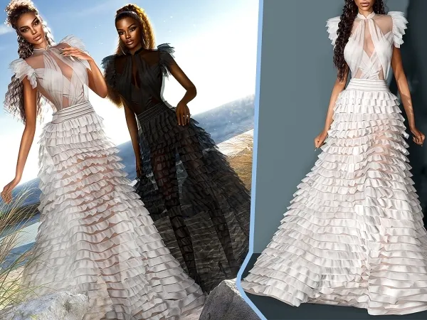 Alpha Halter Tiered Skirts Ruffle Bridal Gown - The Sims 4 Custom Content