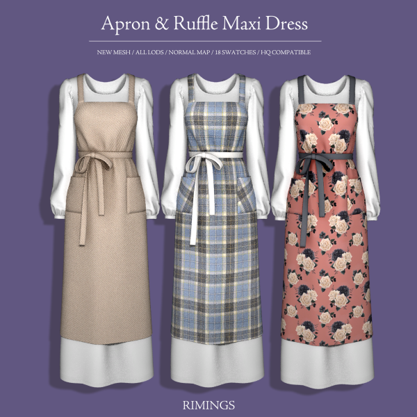 Alpha [RIMINGS] Apron Ruffle Maxi Dress by simsfinds - The Sims 4 Custom Content