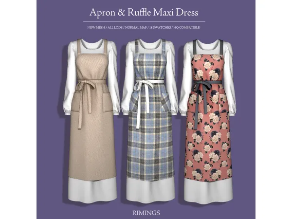 Alpha [RIMINGS] Apron Ruffle Maxi Dress by RIMINGs - The Sims 4 Custom Content
