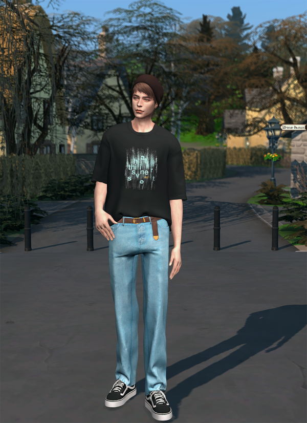Alpha Oversized T shirt Straight cut Denim Jeans by simsfinds - The Sims 4 Custom Content