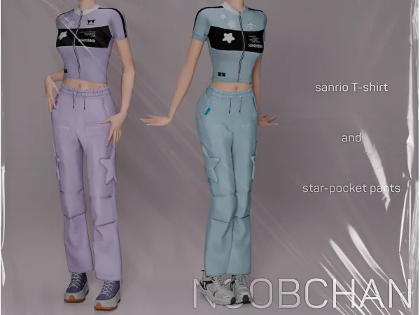 Alpha Sanrio T shirt Star pocket pants by NoobChanCC - The Sims 4 Custom Content