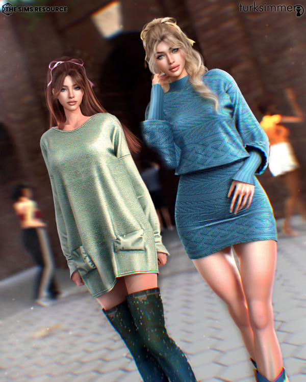 Alpha Batwing Sleeve Sweater Dress C1246 and Dual Pocket Teddy Dress C1247 by daphsmods - The Sims 4 Custom Content