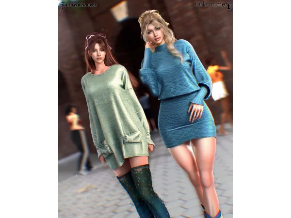 Alpha Batwing Sleeve Sweater Dress C1246 and Dual Pocket Teddy Dress C1247 - The Sims 4 Custom Content