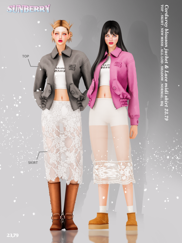 Alpha Corduroy blouson jacket Lace midi skirt by simsfinds - The Sims 4 Custom Content