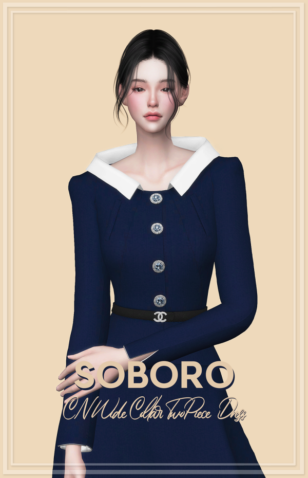 Alpha SOBORO CN Wide Collar TwoPiece Dress by simsfinds - The Sims 4 Custom Content