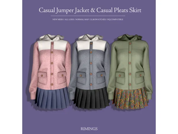 Alpha [RIMINGS] Casual Jumper Jacket Pleats Skirt by RIMINGs - The Sims 4 Custom Content