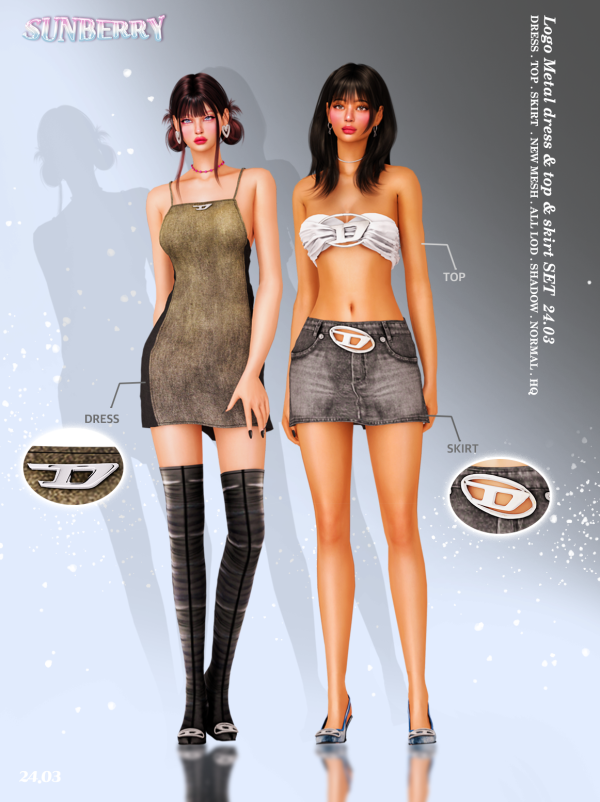 Alpha [SUNBERRY]Logo Metal DressTopSkirt SET by simsfinds - The Sims 4 Custom Content