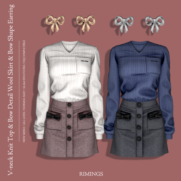 Alpha [RIMINGS] V neck Knit Top Bow Detail Wool Skirt Earring by simsfinds - The Sims 4 Custom Content