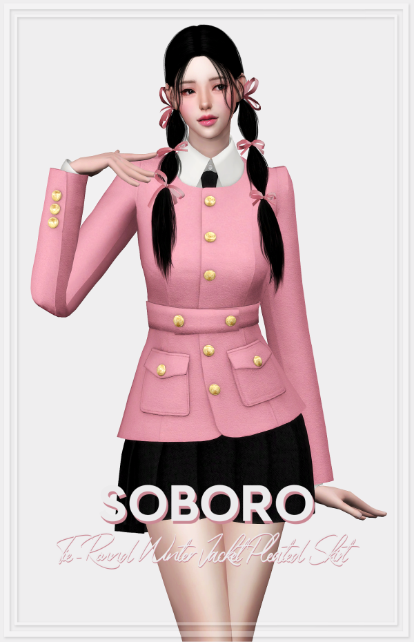 Alpha SOBORO Tie Round Winter Jacket Pleated Skirt by simsfinds - The Sims 4 Custom Content