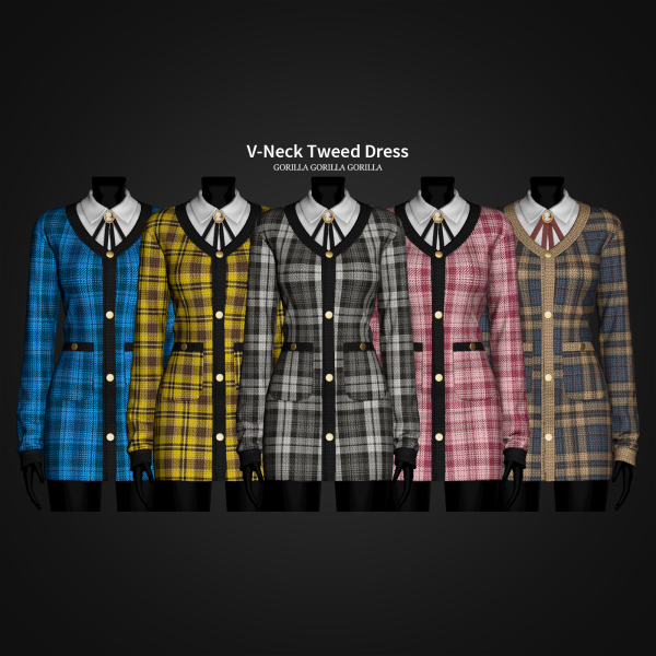 Alpha V Neck Tweed Dress by simsfinds - The Sims 4 Custom Content