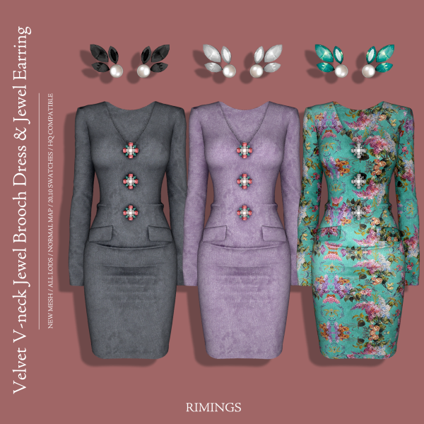 Alpha [RIMINGS] Velvet V neck Jewel Brooch Dress Earring by simsfinds - The Sims 4 Custom Content