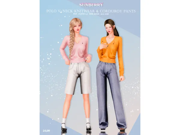 Alpha [SUNBERRY]Polo V neck knitwear Corduroy pants 2409 - The Sims 4 Custom Content