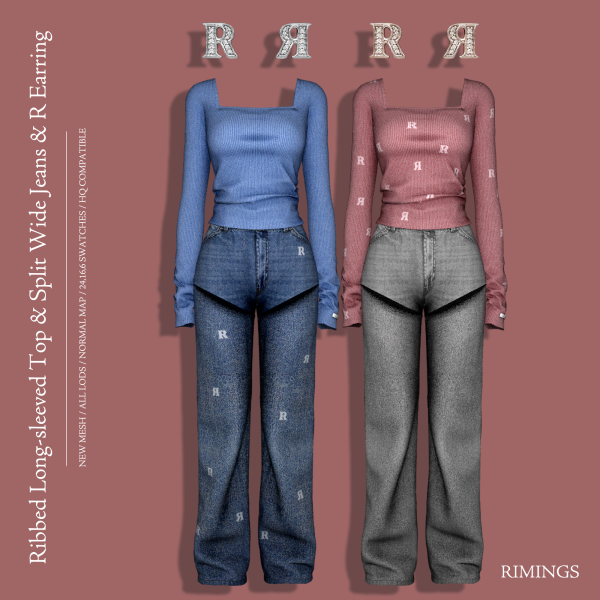 Alpha [RIMINGS] Ribbed Long sleeved Top Split Wide Jeans R Earring by simsfinds - The Sims 4 Custom Content