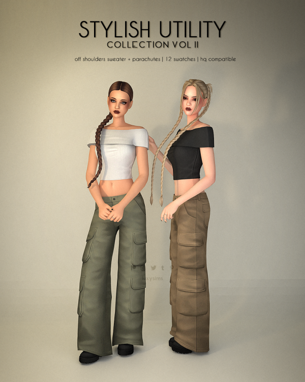 Mix Off Shoulders Sweater Parachutes Stylish Utility Collection II by luxysims - The Sims 4 Custom Content