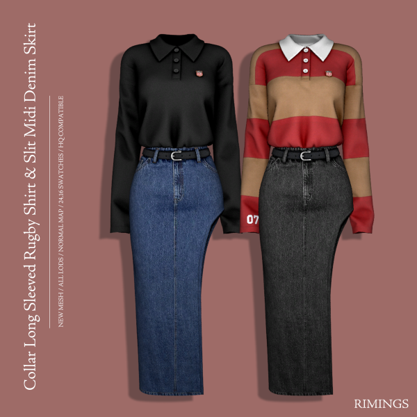 Alpha [RIMINGS] Collar Long Sleeved Rugby Shirt Slit Midi Denim Skirt by simsfinds - The Sims 4 Custom Content