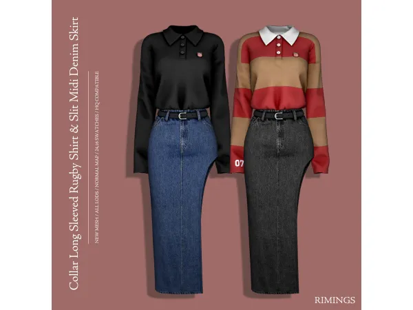 Alpha [RIMINGS] Collar Long Sleeved Rugby Shirt Slit Midi Denim Skirt by RIMINGs - The Sims 4 Custom Content