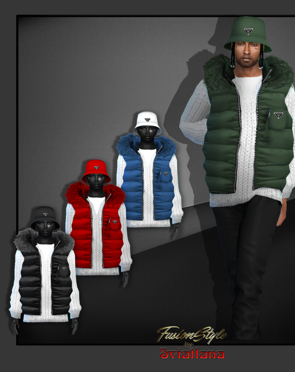 Alpha Puffer vest with fur hood Panama by fusionstylesims4 - The Sims 4 Custom Content