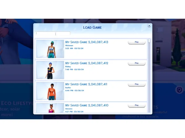 Maxis Match Smarter Save Menu Searchable Saves v10 by simsfinds - The Sims 4 Custom Content