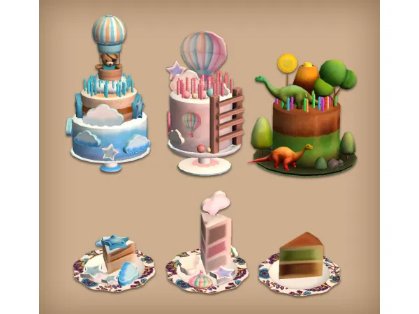 Green Dino Pink Cloud and Sky Blue Cloud Birthday Cakes for - The Sims 2 Custom Content
