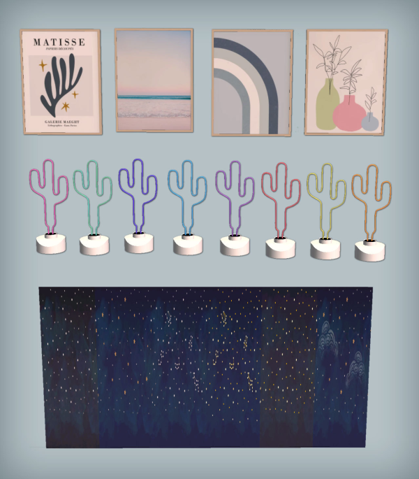 Pufferhead Night Sky Walls Matisse Boho Prints Collection and Neon Colorful Lamp Cactus for by simsfinds - The Sims 2 Custom Content