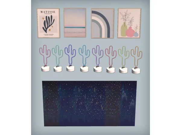 Pufferhead Night Sky Walls Matisse Boho Prints Collection and Neon Colorful Lamp Cactus for - The Sims 2 Custom Content