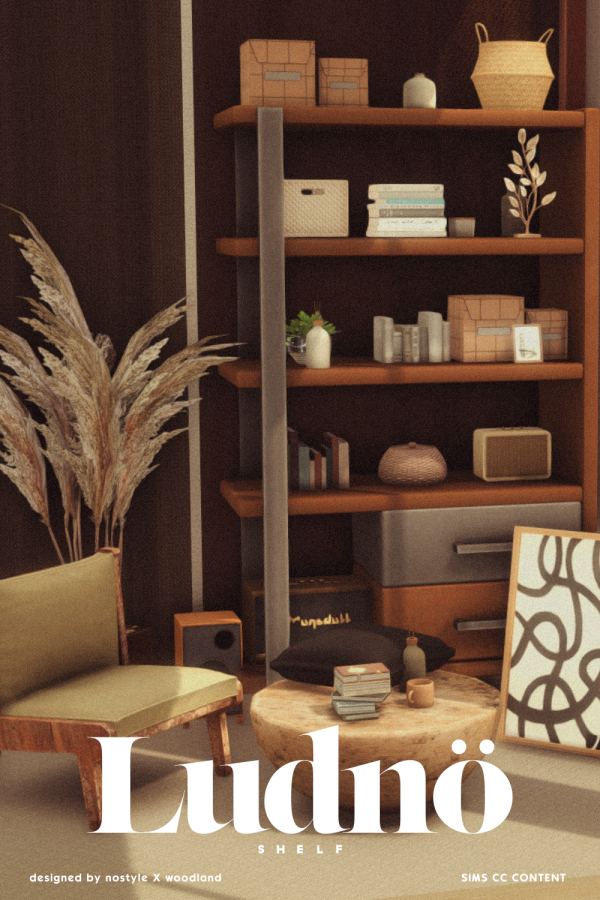 Maxis Match [N O S T Y L E X W O O D L A N D] Ludnö Shelf by simsfinds - The Sims 4 Custom Content