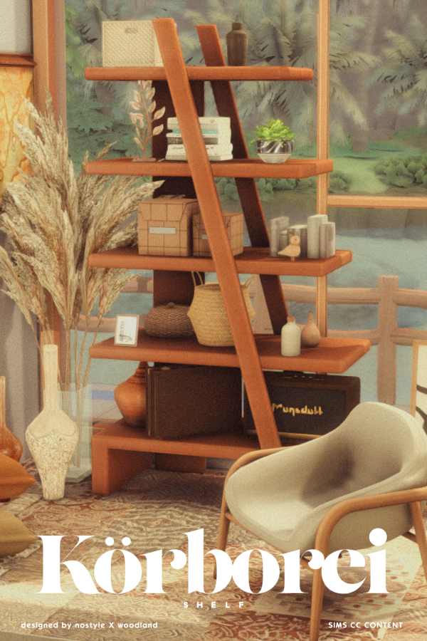 Maxis Match [N O S T Y L E X W O O D L A N D] Körborei Shelf by simsfinds - The Sims 4 Custom Content