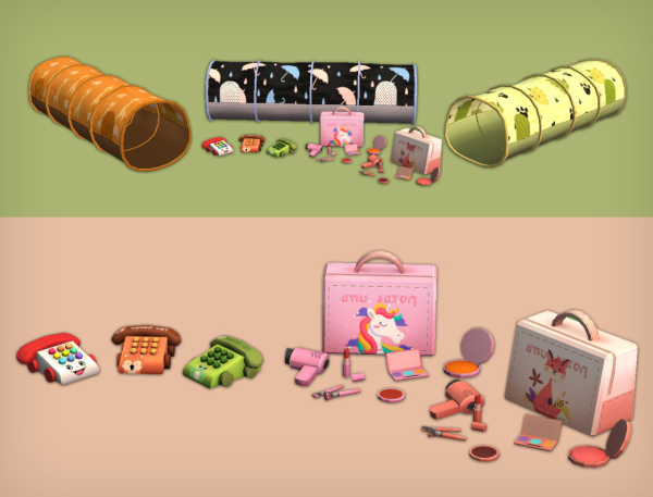 Toddlers Toys Tunnel Makeup Kit and Telephone Functional by simsfinds - The Sims 2 Custom Content