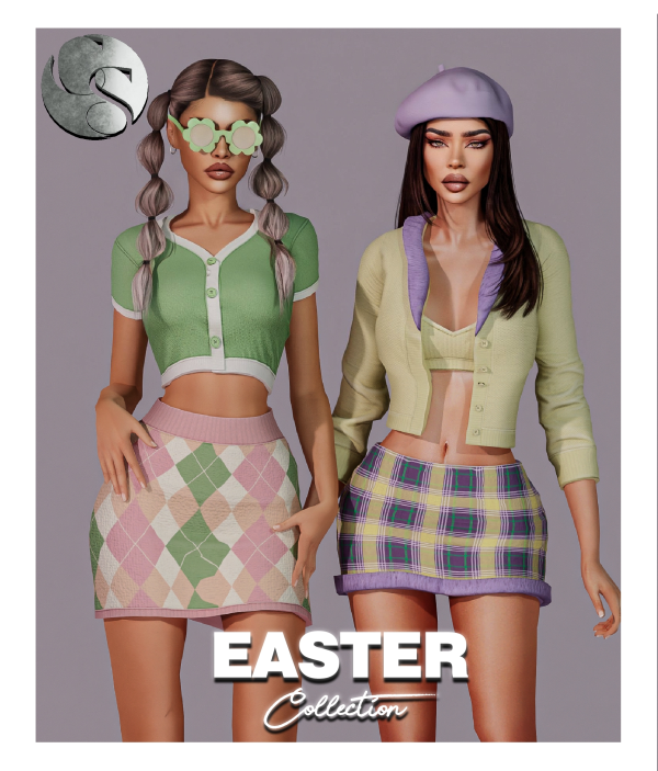 Alpha Easter Collection (2 Sets Outfits Beret Sunglasses) FS by simsfinds - The Sims 4 Custom Content