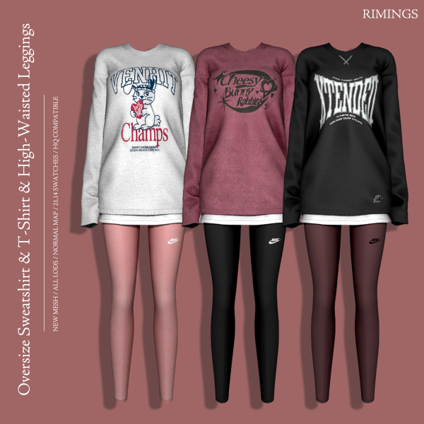 Alpha [RIMINGS] High Waisted Leggings Oversize Sweatshirt T Shirt by simsfinds - The Sims 4 Custom Content