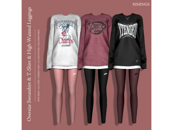 Alpha [RIMINGS] High Waisted Leggings Oversize Sweatshirt T Shirt by RIMINGs - The Sims 4 Custom Content
