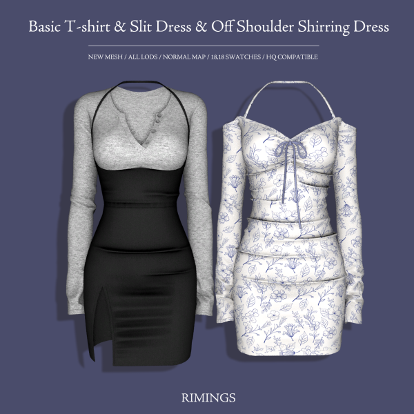 Alpha [RIMINGS] Basic T shirt Slit Dress Off Shoulder Shirring Dress by simsfinds - The Sims 4 Custom Content