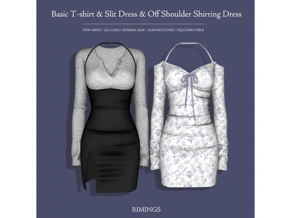 Alpha [RIMINGS] Basic T shirt Slit Dress Off Shoulder Shirring Dress by RIMINGs - The Sims 4 Custom Content