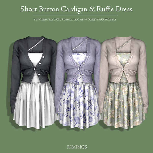 Alpha [RIMINGS] Short Button Cardigan Ruffle Dress by simsfinds - The Sims 4 Custom Content