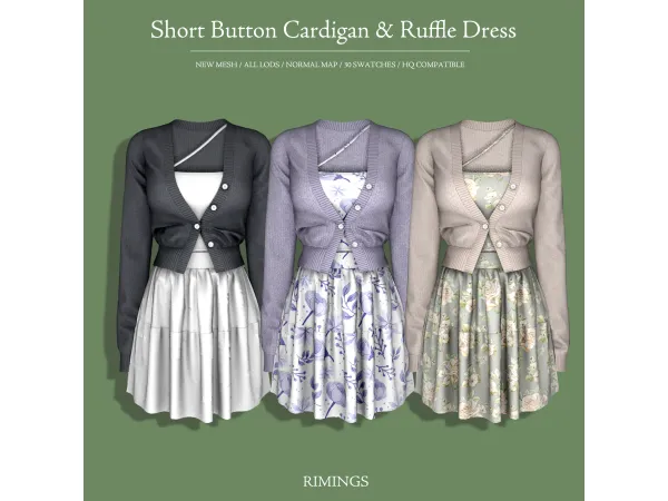 Alpha [RIMINGS] Short Button Cardigan Ruffle Dress by RIMINGs - The Sims 4 Custom Content