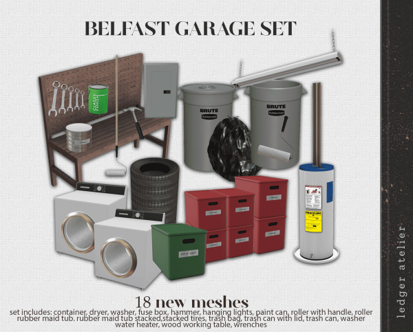 Alpha Belfast Garage Set With Bonus Items (Atelier Tier) by ledger_atelier - The Sims 4 Custom Content
