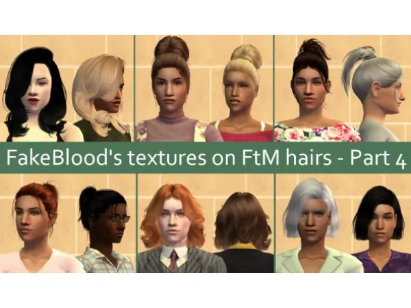 Six hairs for PM EM using textures by fakebloood - The Sims 2 Custom Content