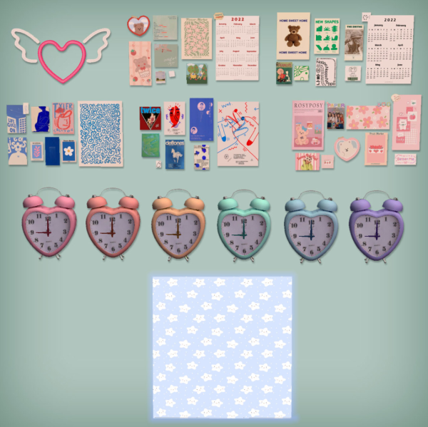 Pink Winged Heart Heart Clock KS Wall Deco and Light Blue Stars Wallpaper for by simsfinds - The Sims 2 Custom Content