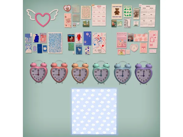 Pink Winged Heart Heart Clock KS Wall Deco and Light Blue Stars Wallpaper for - The Sims 2 Custom Content