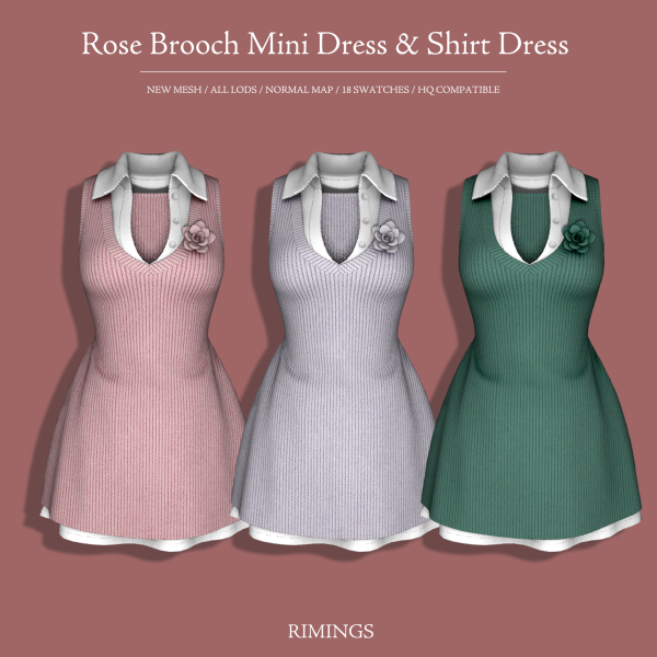 Alpha [RIMINGS] Rose Brooch Mini Dress Shirt Dress by simsfinds - The Sims 4 Custom Content