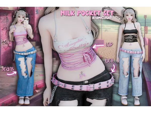 Milk Pocket Set ꒰ྀི  • · •  ꒱ྀི - Jeans, Top and Belt by atomiclight