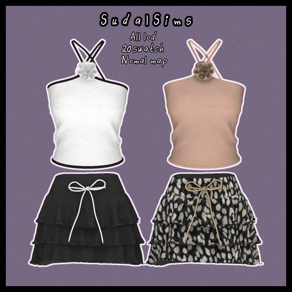 Alpha [sudal] Flower strap top Ruffle knotted skirt by simsfinds - The Sims 4 Custom Content