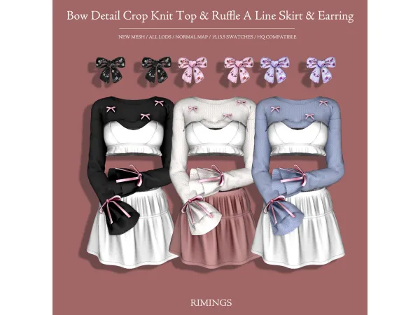 Alpha [RIMINGS] Bow Detail Crop Knit Top Ruffle A Line Skirt Earring by RIMINGs - The Sims 4 Custom Content