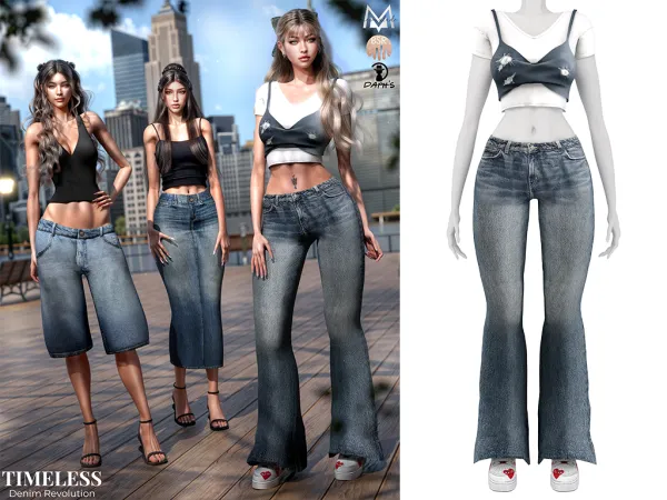 Alpha daph's timeless denim revolution tiffani set short sleeve t shirt with crop bra S301 and low waist wide leg denim jeans S302 - The Sims 4 Custom Content