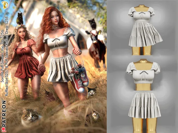 Alpha Sorcha SET Puff Sleeve Crop Top S256 Ruffled Skirt S257 Puff Sleeved Ruffled Dress S258 - The Sims 4 Custom Content