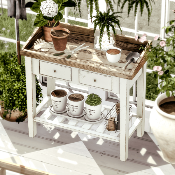 Alpha Farmhouse 2024 Potting table by simsfinds - The Sims 4 Custom Content